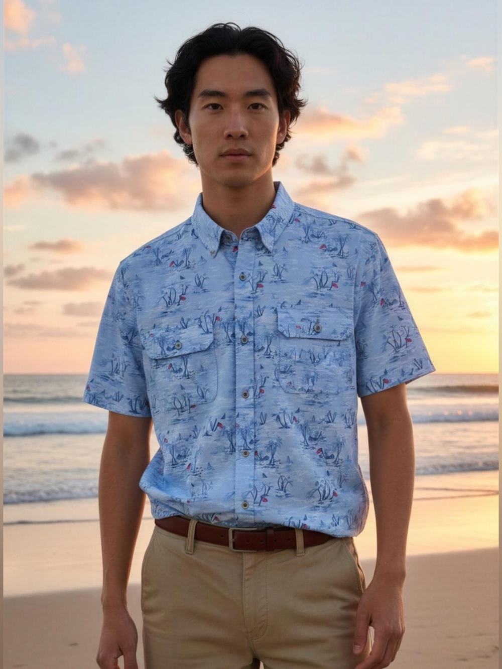 Flag & Anthem Light Blue Short-Sleeve Tropical Print Button-Down Shirt Size XL